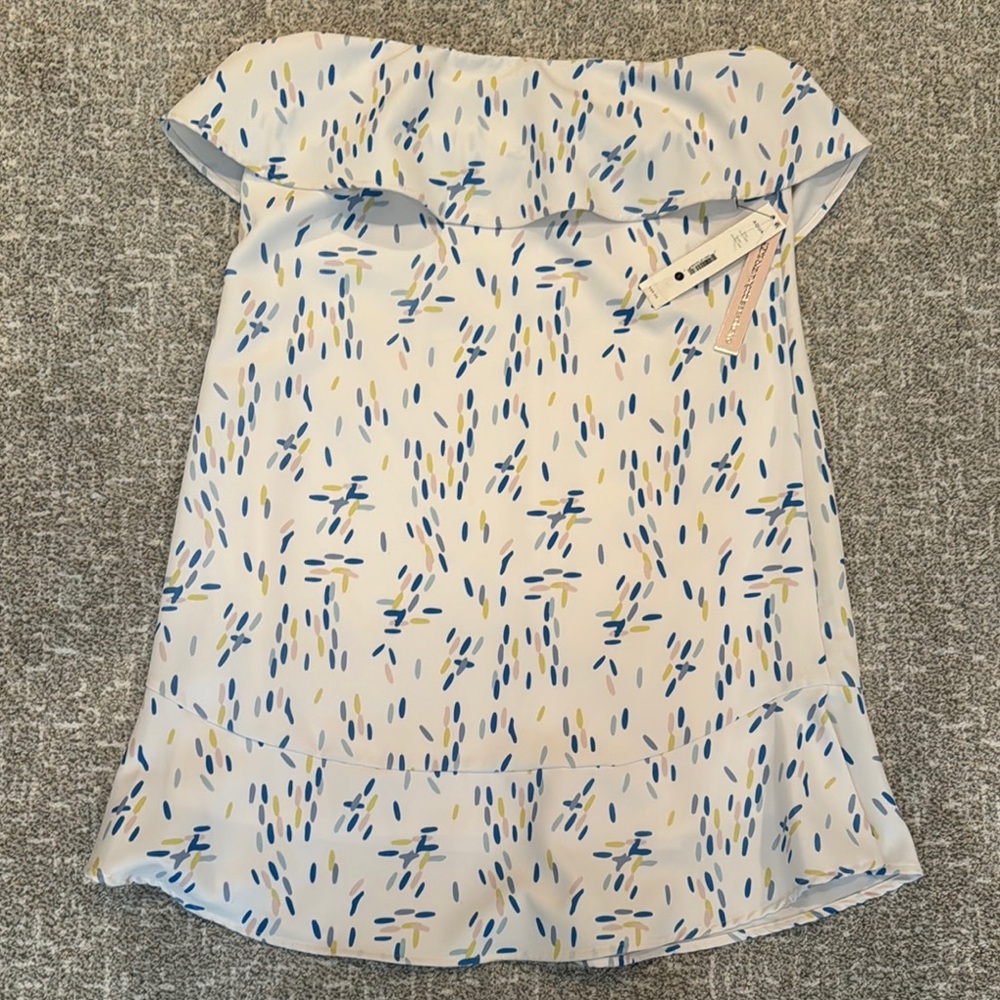 Aqua White Strapless Mini Dress with Blue & Yellow Print